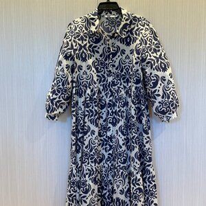 Zara Navy White Damask Print Dress sz XL